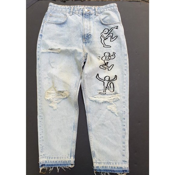 Zara Destroyed Graffitti Jeans 32 x 24 Loose Crop Unisex? Mens Womens - Picture 2 of 12
